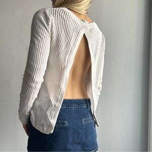 AUS Brand Subtitled Open Back Crew Neck Knitted  Long Sleeves Sweater in White